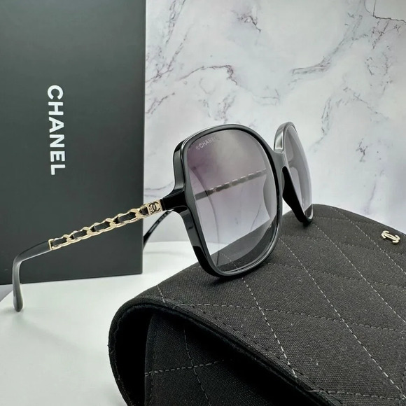 CHANEL Sunglasses Black Gold Chain Arms Interlocking CC Logo Acetate Square New - Picture 2 of 16